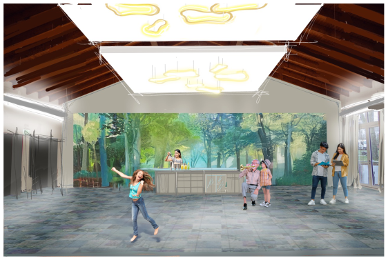 R&uuml;ckwand mit Menschen Saal BiBu Umbau