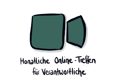 Kamerasymbol mit Text: Monatliche Online-Treffen f&uuml;r Verantwortliche