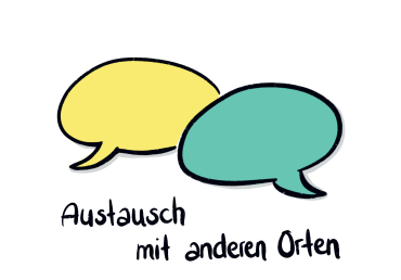 Zwei Sprechblasen mit Text: Austausch mit anderen Orten