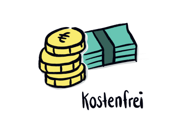 Geldscheine und M&uuml;nzen mit Text: Kostenfrei