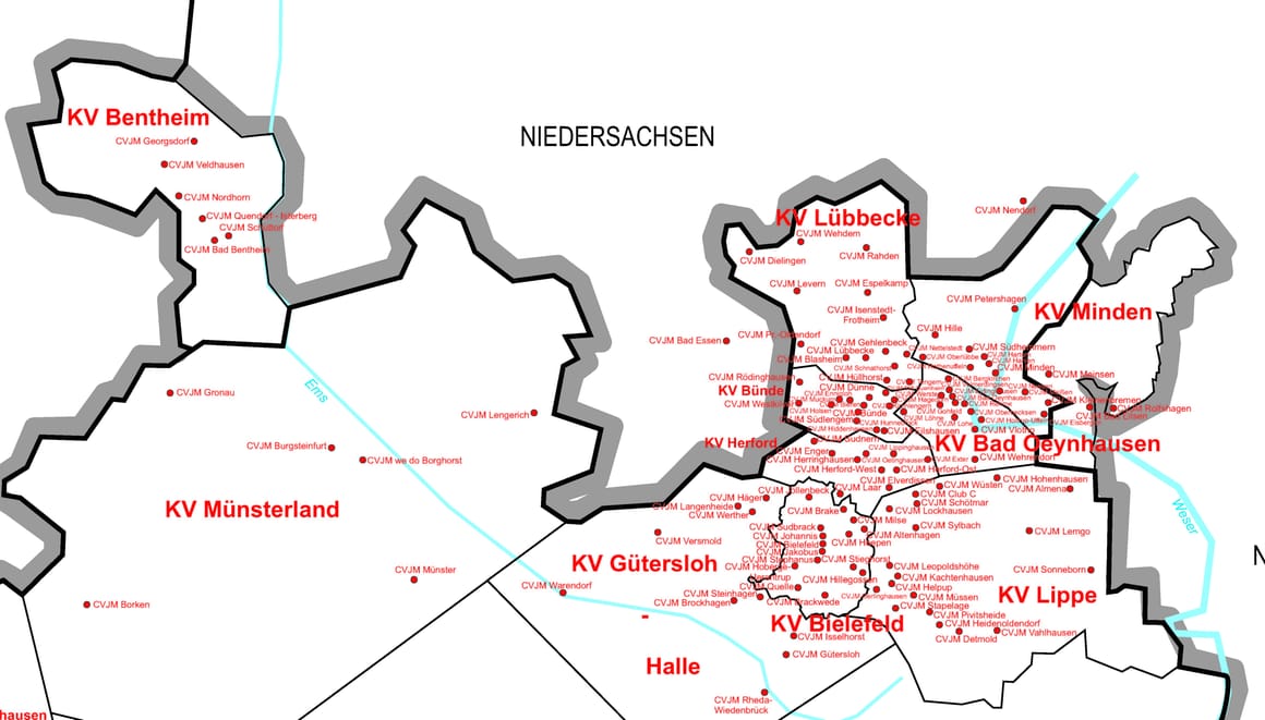 CVJM KV Gütersloh ist jetzt KV Teuto-Ems incl. Münster + Warendorf; KV Bentheim-Münsterland mit Gronau, Lengerich + Burgsteinfurt